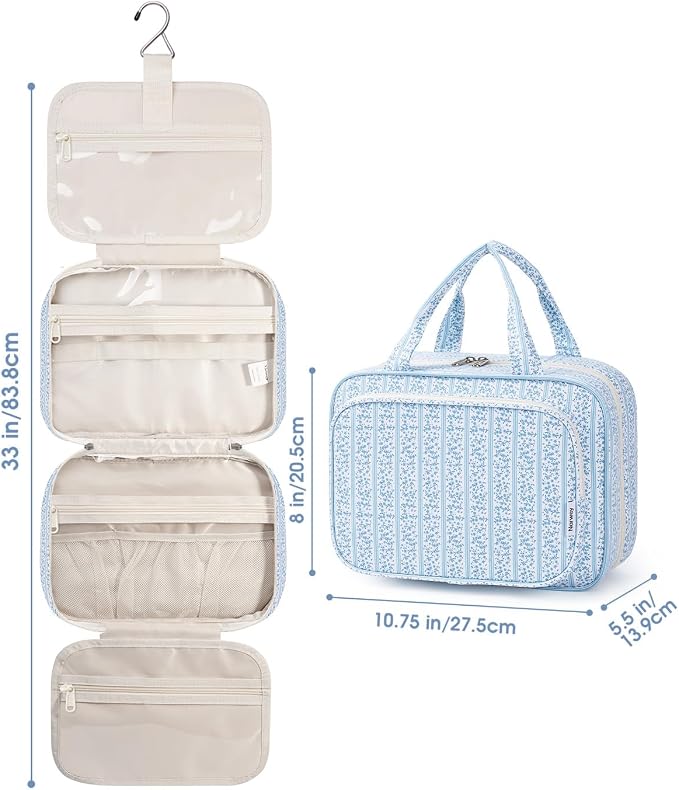Narwey Hanging Toiletry Bag for Women Travel Makeup Bag Organizer Toiletries Bag for Travel Size Essentials Accessories Cosmetics (Blue Flower Buds (Medium))