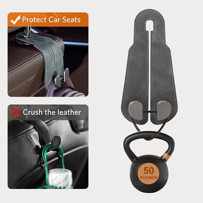 CoBak Purse Hook for Car - Universal Premium Stitched Leather and Aluminum-Magnesium Alloy Double Car Seat Back Storage Hook for Purses, Handbags, Bags (2 Pack),Gray