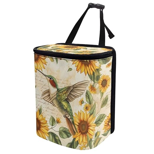Biyejit Car Trash Can with Lid Collapsible Waterproof Car Garage Bag Reusable Hanging Automotive Garbage Bin with Adjustable Strap Car Accessories Interior Car Organizer, Sunflower Hummingbirds