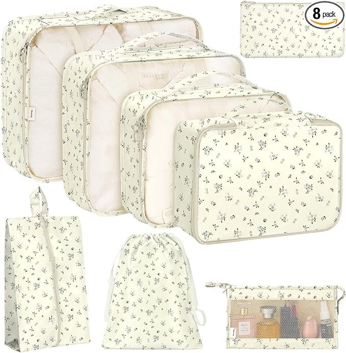 KPX 8 Set Packing Cubes for Travel, Luggage Packing Organizers Accessories Large Toiletries Bag for Clothes Shoes Cosmetics (8Set-Gray Flower)