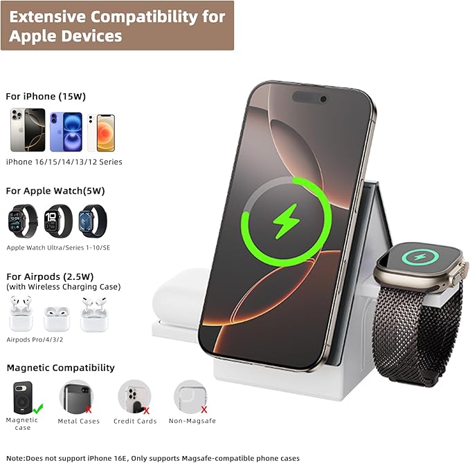3-in-1 Wireless Charging Station with Soft Touch Night Light, 15W Fast Charger Stand for iPhone, Apple Watch & AirPods, Home Style Dock (Grey-White)