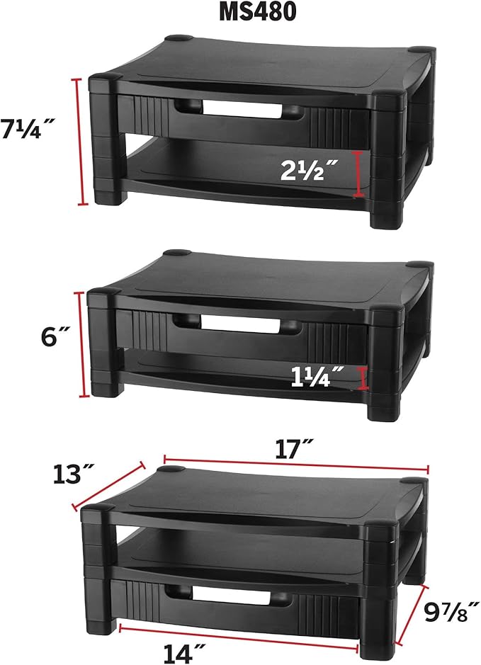 Kantek Two-Level Monitor Stand, 17" X 13.25" X 3.5" To 7", Black, Supports 50 Lbs