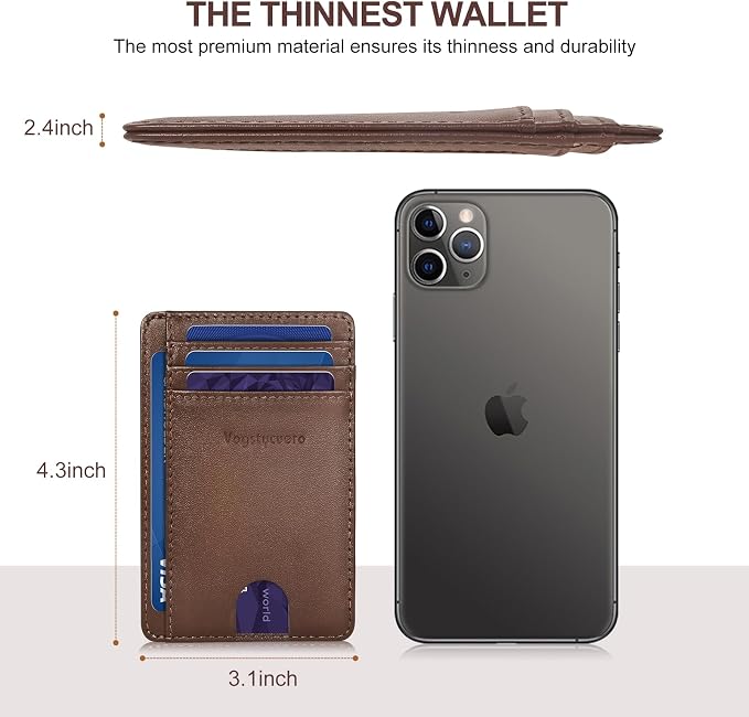 Slim Minimalist Front Pocket Thin Wallet RFID Blocking 100% Genuine Leather Credit Card Holder for men Women, with Gift Box -Grain Leather Brown