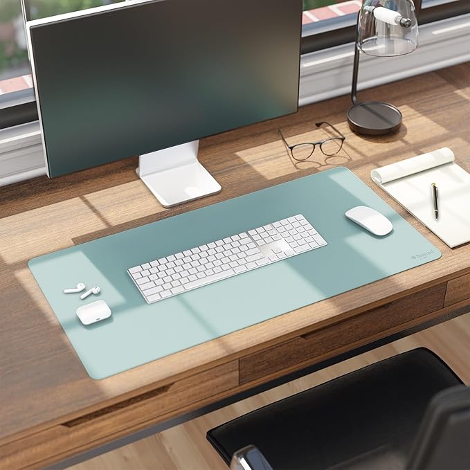 Smead Desk Pad, Vegan Leather Desk Mat with Non-Slip Faux Suede Backing, Perfect Desk Organizer for Office Decor, 31.5” x 15.7” Medium, Superior Blue (64835)