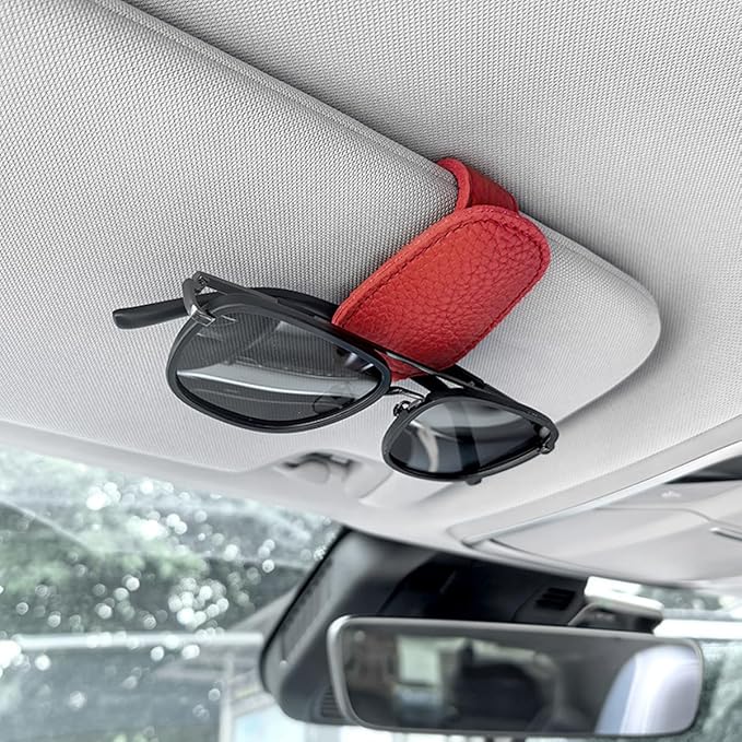 zipelo Sunglasses Holders for Car Sun Visor, 2PCS Magnetic Leather Vehicle Glasses Hanger Clip for Ticket Card, Auto Interior Eyeglass Organizer Accessories, Universal for SUV Sedan Truck (Red)