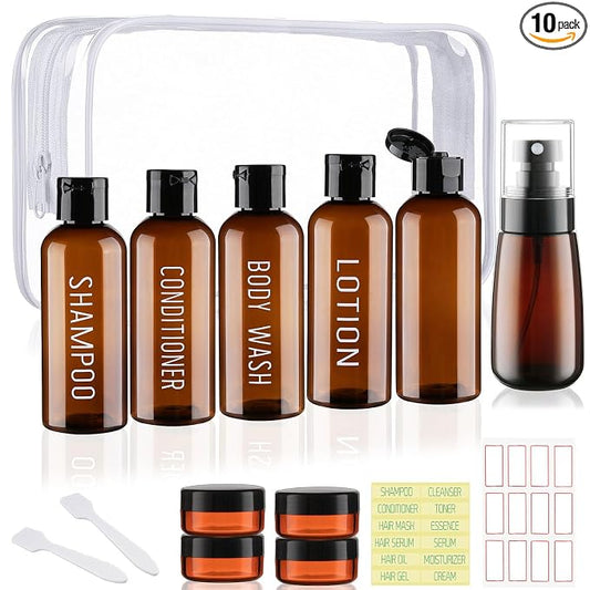 Travel Bottles for Toiletries 10 Pack 3.4oz Travel Size Containers TSA Approved Leak Proof Shampoo and Conditioner Bottles Plastic Squeeze Bottle Traveling Essentials Accessories(Brown)