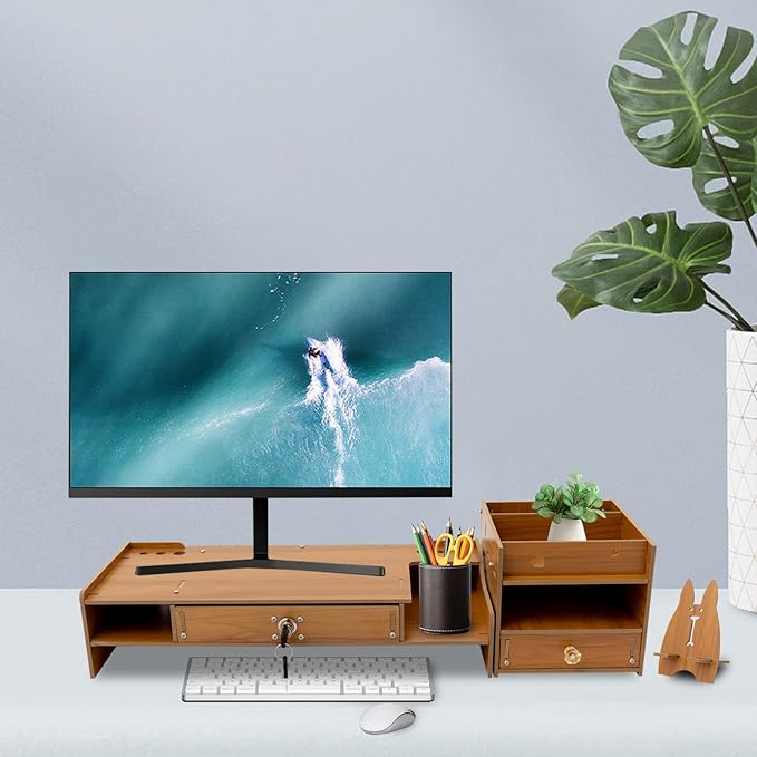 Monitor Stand Wooden Desktop Organizer with Lockable Drawers & Keys & Phone Holder Vintage Multi Compartment Desk Shelf for Home,Office (Z0801)