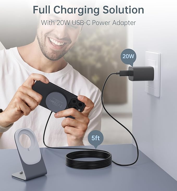 Magnetic Wireless Charger for iPhone 17/16/15/14/13/12 - Mag Charger+20W USB C Adapter, Fast Wireless Charging Stand/Pad with 5ft Cable for iPhone 17/16/15/14/13/12 Pro Max Plus Mini 17 Air,Gray