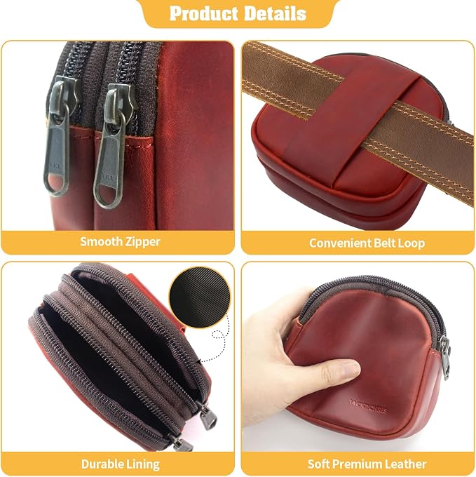 Jack&Chris Coin Purse for Men, Genuine Leather Mini Coin Wallet Zipper Pocket with Back Belt Loop, Coin Bag for Men