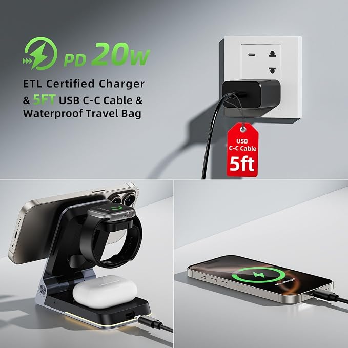Aluminum 3 in 1 Wireless Charging Station,Foldable Wireless Charger for Apple Magsafe with Light,Portable Travel Magnetic Charger Stand for iPhone 17/16/15/14,Watch,Airpod,with PD 20W Adapter & Case