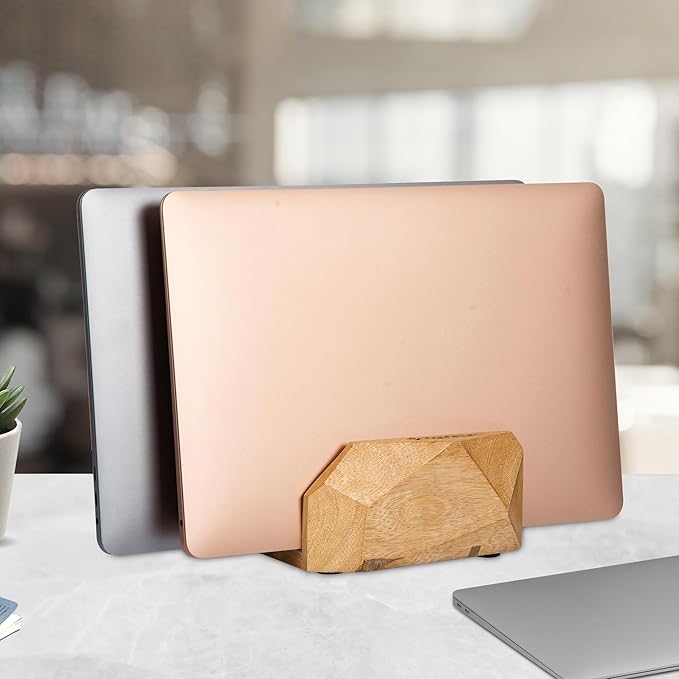 Vertical Laptop Stand for Desk, Laptop Holder to Dock MacBook, MacBook Pro and Other Laptops, Versatile Vertical Laptop Docking Solutions - Mango Wood