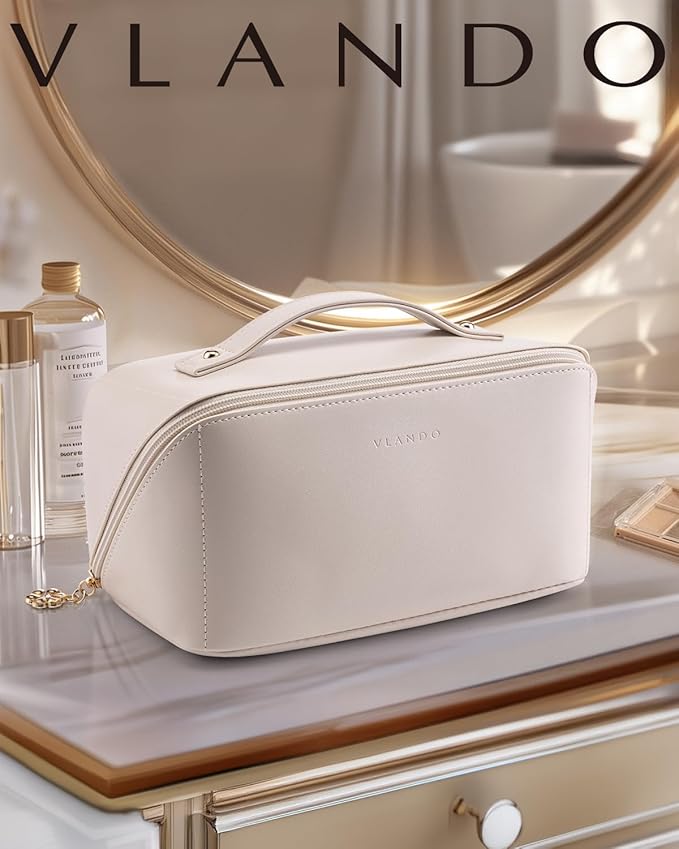 VLANDO Makeup Bag,Travel Toiletry Bag,Cosmetic Bag for Women PU Leather Portable Make up Bag for Skincare, Brushes & Travel Essentials-Off White