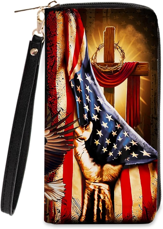 Christian Gifts Womens Wallet - Small Slim PU Leather Wallet for Women with Zipper Coin Purse, Credit Card Holder Wallets, Wristlet Wallets for Female Ladies Teen Boys Girls (Cross & Flag)