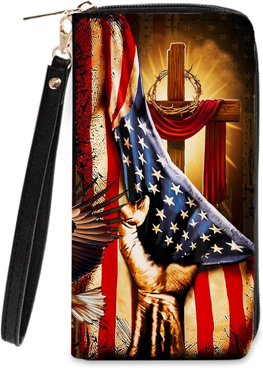 Christian Gifts Womens Wallet - Small Slim PU Leather Wallet for Women with Zipper Coin Purse, Credit Card Holder Wallets, Wristlet Wallets for Female Ladies Teen Boys Girls (Cross & Flag)