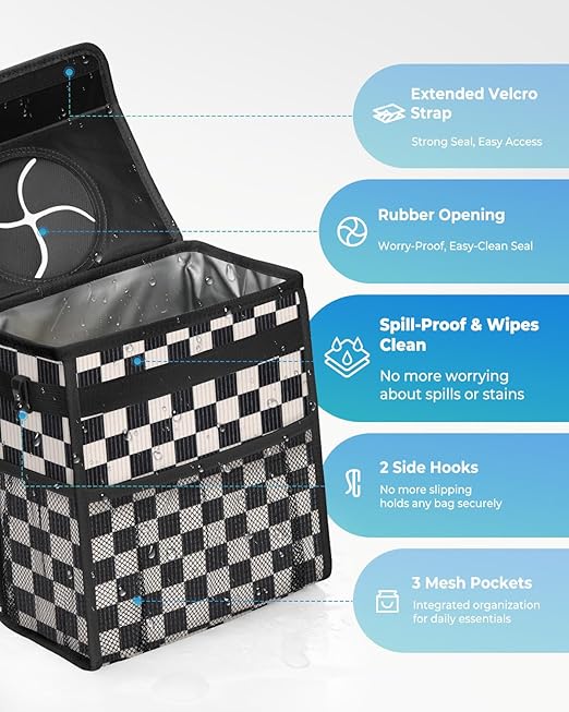 Corduroy Car Trash Can with Lid and Mesh Pockets - Leakproof Organizer,Multipurpose Waterproof Garbage Can/Trash Bin for Car(Black and White Check-3 Gallons)