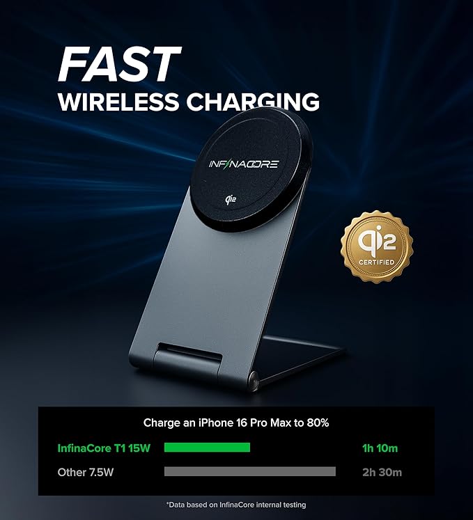 InfinaCore Magnetic Wireless Charger Stand for Apple Devices, iPhone, AirPods - Durable-Build Fast Charging Stand - Qi2 Certified Bedside Phone Charger Station Compatible with MagSafe - 15W