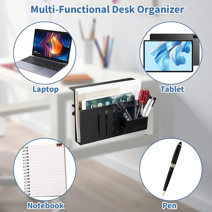 Desk Side Storage, Desk Laptop Holder with Magnetic Pen Holder, No Drill Desk Side Organizer for Office and Home Fits Flat Edge 0.3" to 2.3"