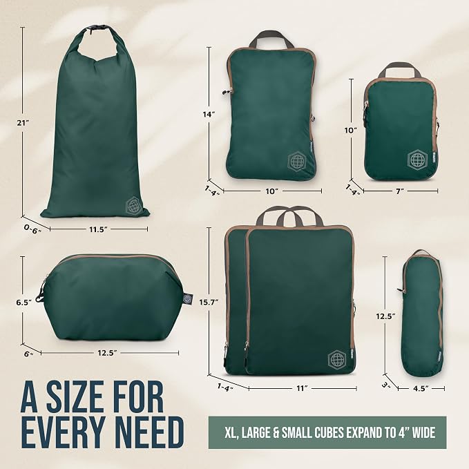 Large Compression Packing Cubes for Travel-Packing Cube Luggage Organizers 7 Piece Set for Checked Luggage-Ultralight, Expandable/Compression Bags by TRIPPED Travel Gear (Green and Brown)