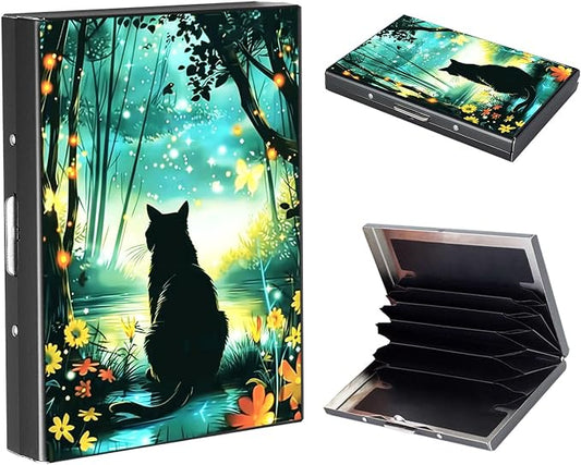 RFID Metal Wallet Credit Cards Holder Slim Mini Business Card Holder Metal ID Case Gift for Men Women,Black Cat Forest