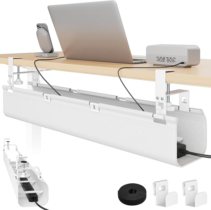 PEGZONE No Drill Under Desk Cable Management Tray, 31.5" Cord Management Under Desk for Table, Clamp Mount Desk Cable Management, Premium Fabric Wire Management Tray for Office, Home, White