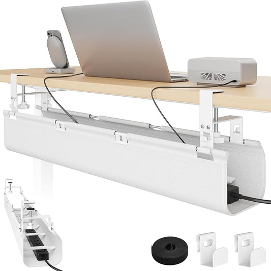 PEGZONE No Drill Under Desk Cable Management Tray, 31.5" Cord Management Under Desk for Table, Clamp Mount Desk Cable Management, Premium Fabric Wire Management Tray for Office, Home, White