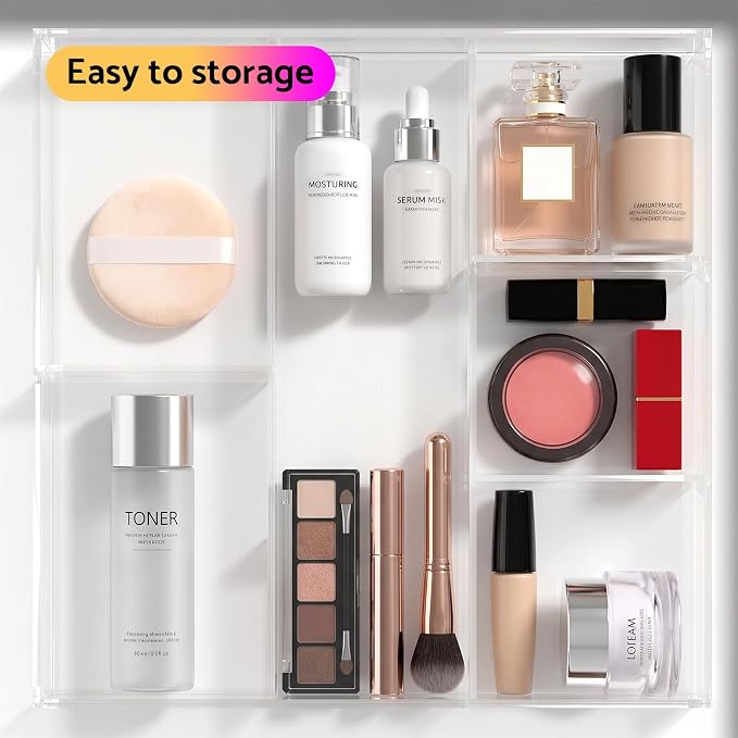 HIIMIEI Acrylic Drawer Organizer, 6 Section Clear Makeup Tray Organizer for Drawer Office Bedroom(11.8x11.8 inch)