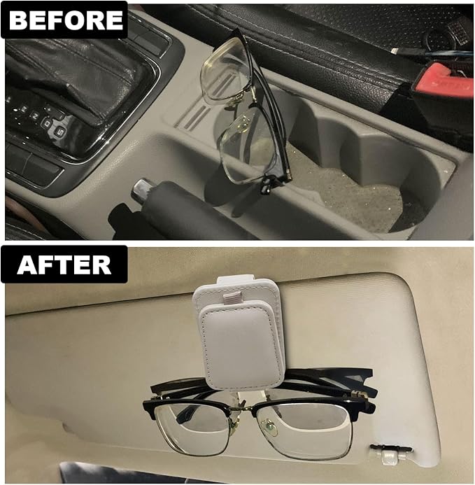 2 Pack Leather Car Sunglass Holder, Magnetic Leather Glasses Eyeglass Hanger Clip for Car, Sunglass Clip Glasses Holder for Car Visor-Beige