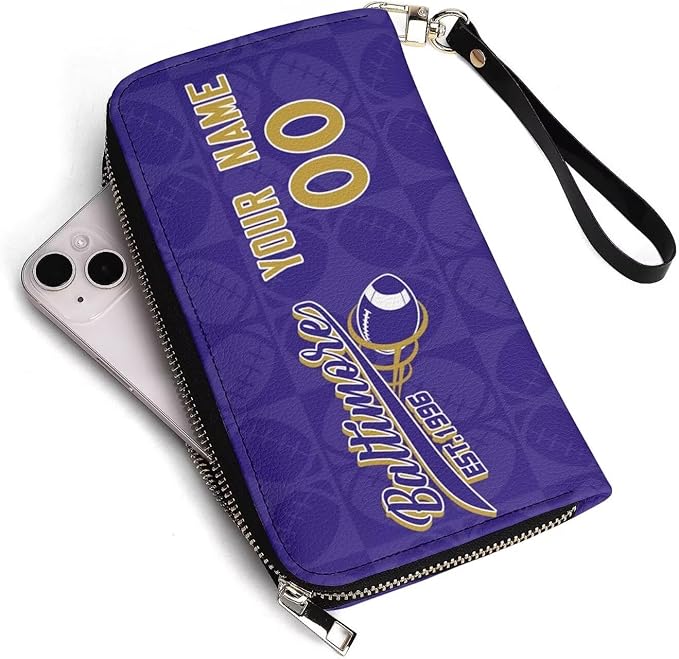 Custom Sports Team Zip Organizer Wallet-Personalized PU Leather Wristlet Wallet with Name Number,Multi-Card Slots,Wrist Strap,Fan Gift for Men Women.