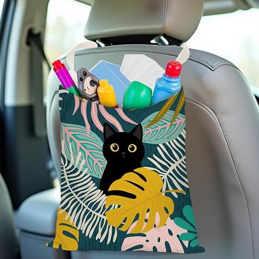 Black Cat Car Trash Bag, Palm Car Trash Bag Hanging, Palm Accessories, Summer Decor Waterproof Cars Back Seat Hanging Organizer Garbage Can for Vehicle Travelling Camping