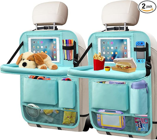 Backseat Car Organizer with Tablet Holder, 6 Storage Pockets Car Storage Organizer with Foldable Food Tray, Kick Mats Travel Accessories, 2 Pack BLue
