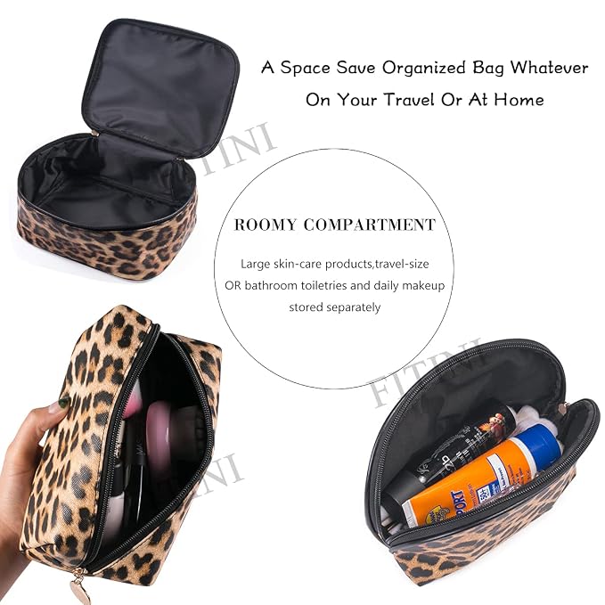 FITINI Makeup Bag Leopard 3 Pack Travel Toiletry Bag Portable Cosmetic Pouch Organizer with Small Brush Holders Gold Zipper Waterproof Storage Case for Women and Girls
