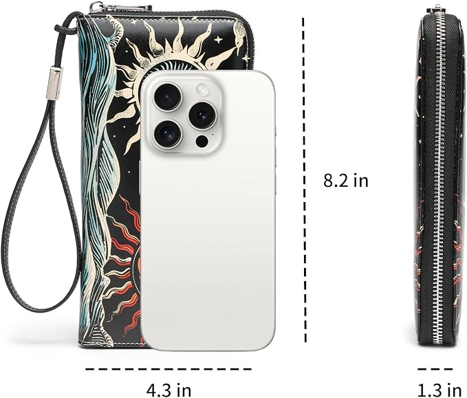 Rfid Blocking Wristlet Large Wallet for Women Credit Card Holder Bifold Designer Zipper Phone Long Wallet Purse Ice and Fire Sun