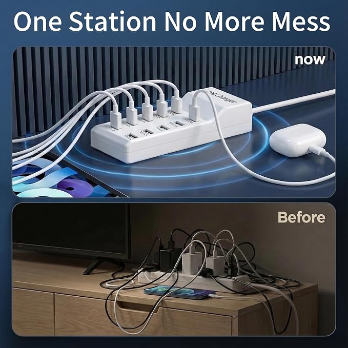 10-Port USB Charging Station 50W 10A with 5-Pack USB-A to C Cables, Ultra-Compact Multi Device Charger Block, Desktop Charging Hub Organizer for Phone, Tablet, Earbuds (White)