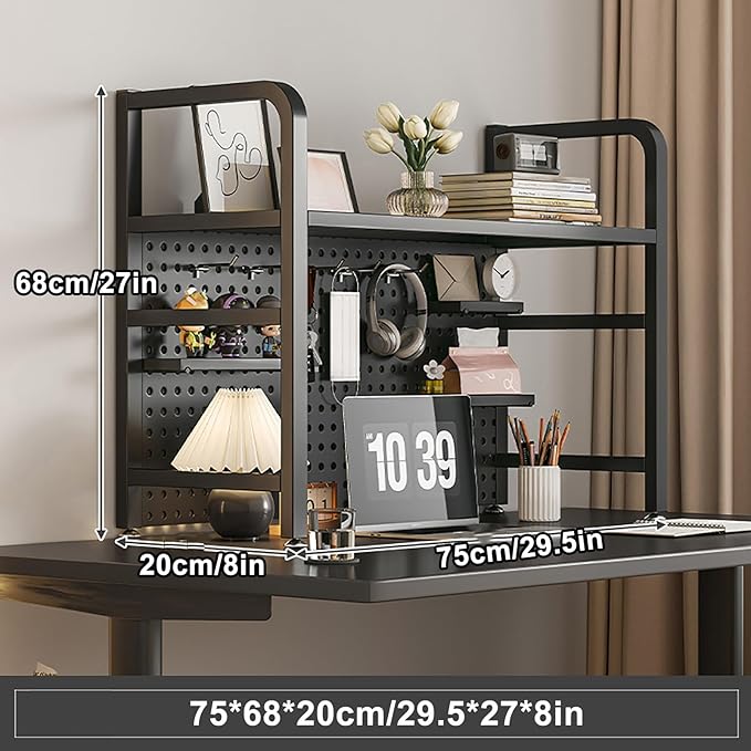 Desk Extender, Desk Organizer Shelf, Peg Doard Display Stan, Load Bearing Capacity 50kg/110lb, Desk Extender Pegboard Workstation, for Table Accessories(Black,75x68x20cm/29.5x27x8in)