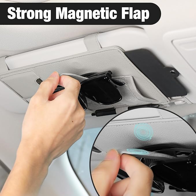 SEG Direct Sun Visor Extender for Car, Sun Blocker with Magnetic Sunglass Holder Hanger Clip, Ticket Card Organization Pouches, Side Sunshade Visor Organizer Accessories, Gray