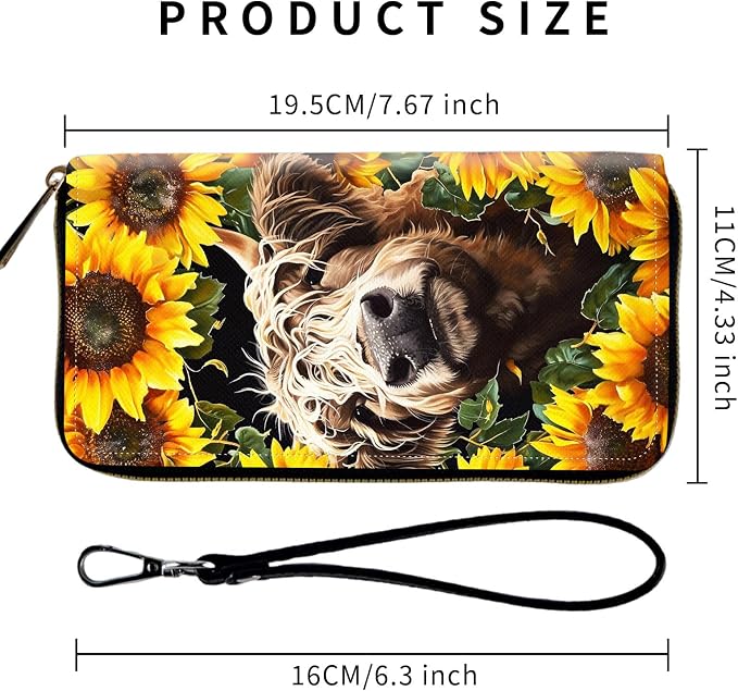 Wallet,Leather Long Wallet Suitable For Ladies And Teenagers - Detachable Wristband + RFID Travel Wallet With Card Slot - Highland Cow Sunflower