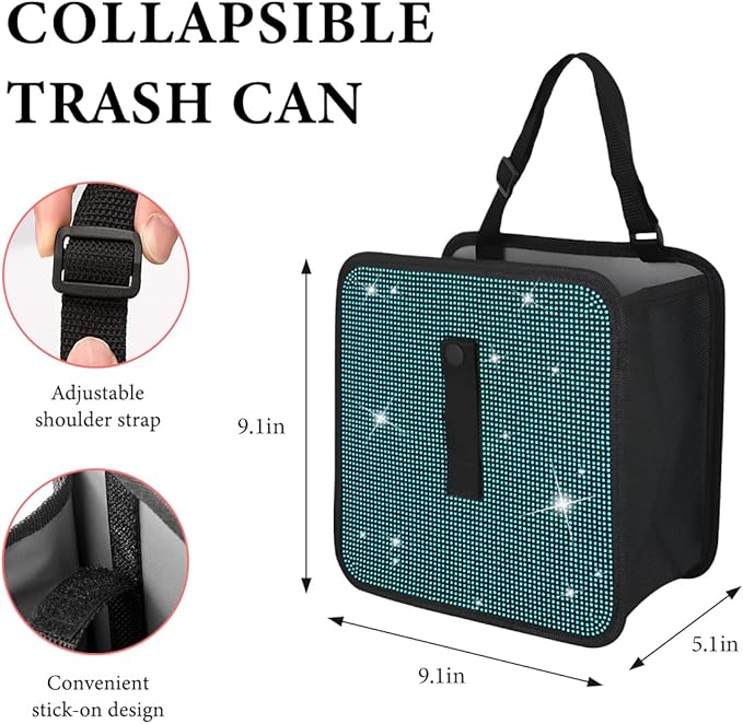 Car Foldable Trash Can, Bling Rhinestone Oxford Garbage Container Hanging Waterproof Organizer, Mini Crystal Dustbin Waste Basket Leakproof Trash Bin for Car Office Kitchen (Lake Blue)