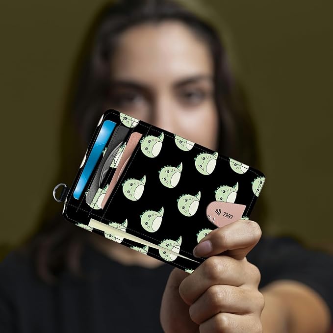 Small Travel Wallets, Cute Dinosaurs Slim Minimalist Front Pocket Wallet with Wristlet, RFID Blocking PU Leather Credit Card Holder with ID Window Change Purse for Men Women