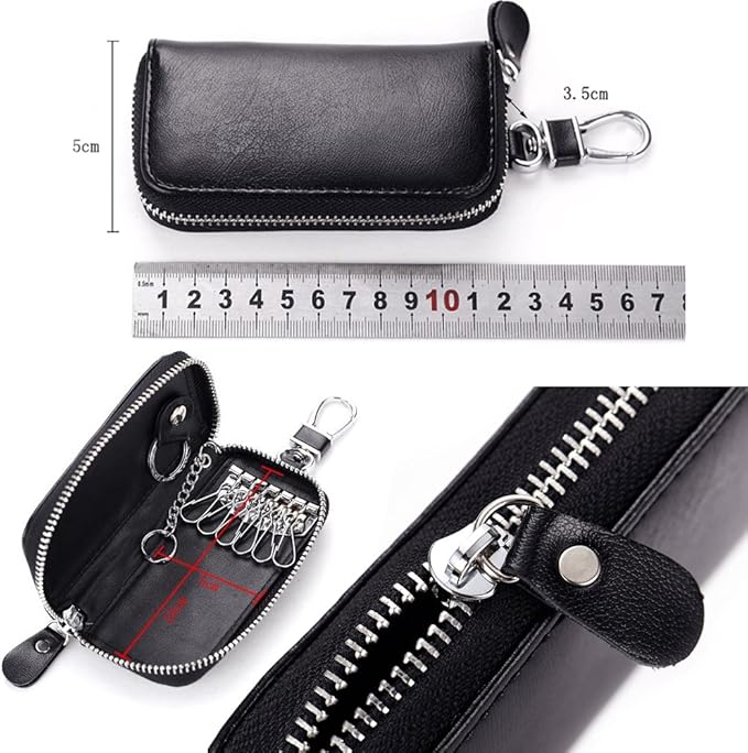 WESTONETEK Unisex Mens Womens Premium Leather Car Key Holder Bag Keychain Case Wallet with 6 Hooks Zipper Closure