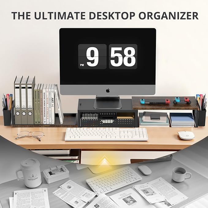 OPNICE Desk Organizers and Accessories, Dual Monitor Stand Riser with Drawer and 2 Pen Holders, Desk Shelf Wood Computer Racks for Office Workspace Organizers, Desktop Organization (Rustic Brown)