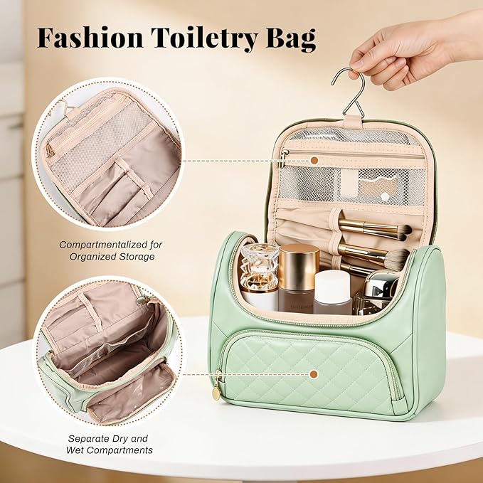 Greenfeather Cosmetic Bags for Women，Hanging Toiletry Bag with Makeup Brush Womens Travel Toiletry Bag for Women Essentials Travel Organizer for Full Sized Cosmetics and Toiletries Green