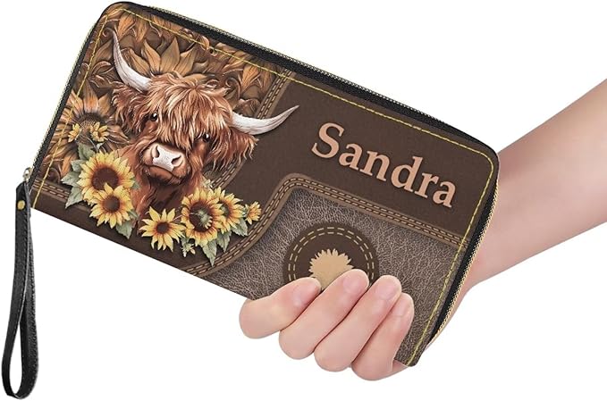 Bulopur Womens Wallet Wristlet Custom Name Sunflower Highland Cow Print Slim Purse Wallet Small Wallets For Women Coin Purse Id Card Holder Clutch RFID Long Wallets With Slots Zipper Around