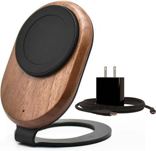 ARK Uno - Solid Wood MagSafe Stand Magnetic Wireless Charging Station w/Adapter & USB to USB C15W Wireless Charger. for iPhone 12-17 & Some Samsung. Home, Office, Kitchen,Best Mens Gifts!