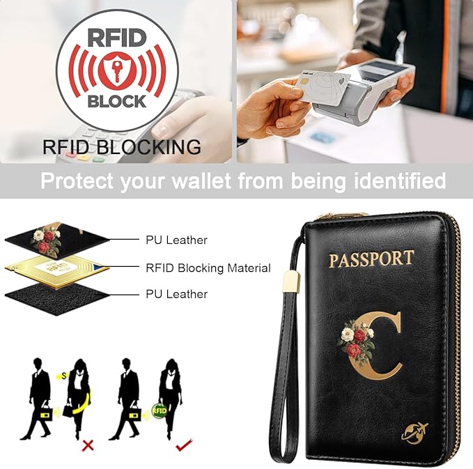 Passport Holder Cover Wallet with Zipper Personalized Initial Letter C Rose Flower RFID Blocking Travel Wallets Credit Cards Holder for Women, Gift for Wife and Girlfriend,C
