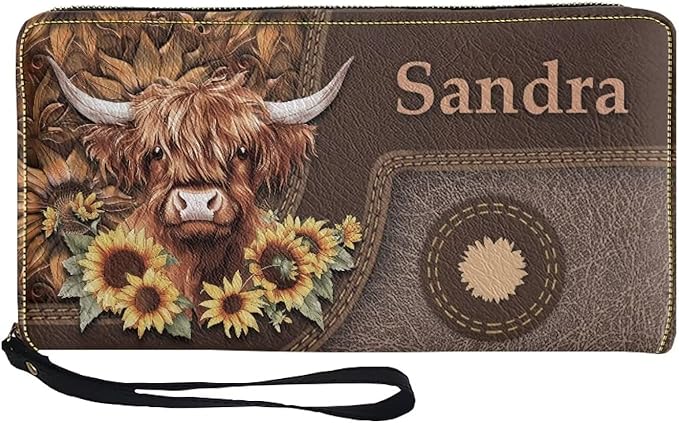 Bulopur Womens Wallet Wristlet Custom Name Sunflower Highland Cow Print Slim Purse Wallet Small Wallets For Women Coin Purse Id Card Holder Clutch RFID Long Wallets With Slots Zipper Around