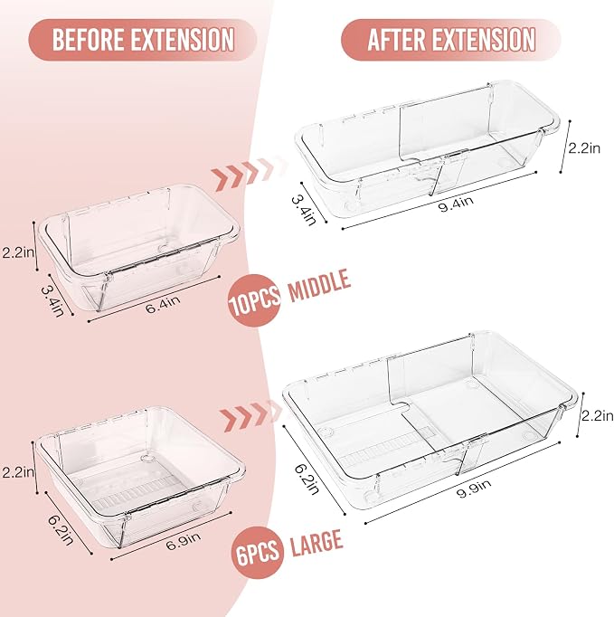 Yummy Sam 16PCS Expandable Drawer Organizers, 2-Size Clear Acrylic Storage Box, Expanding & Adjustable Drawer Organizer for Makeup, Vanity, Bathroom, Kitchen, Office