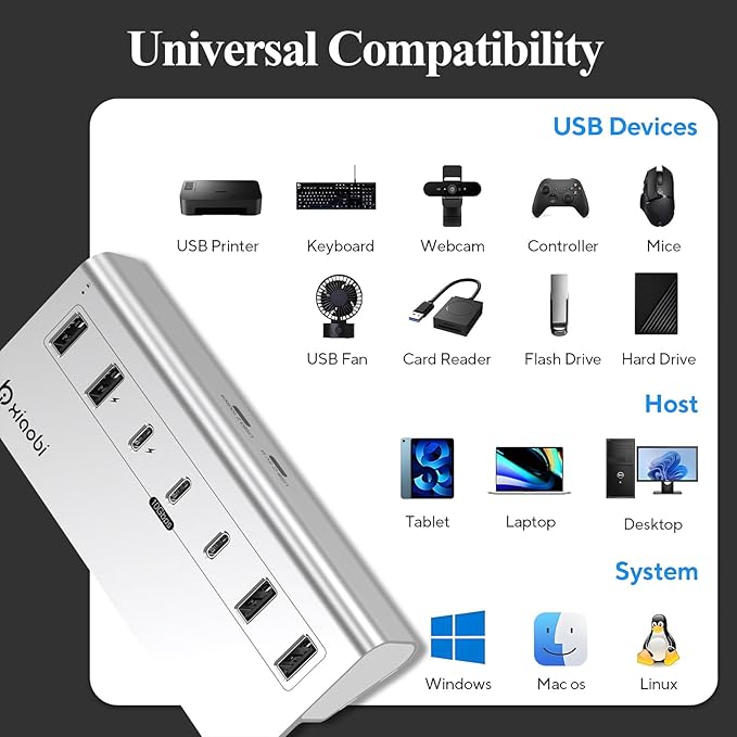 USB C Hub,Powered USB Hub with 5V 3A Power Adapter, 10Gbps USB Splitter with 4 USB-A and 3 USB-C Ports, 7-Port Type C Multiport Adapter for MacBook Air/Pro, iPhone 16/15, Laptop and More(Silver)