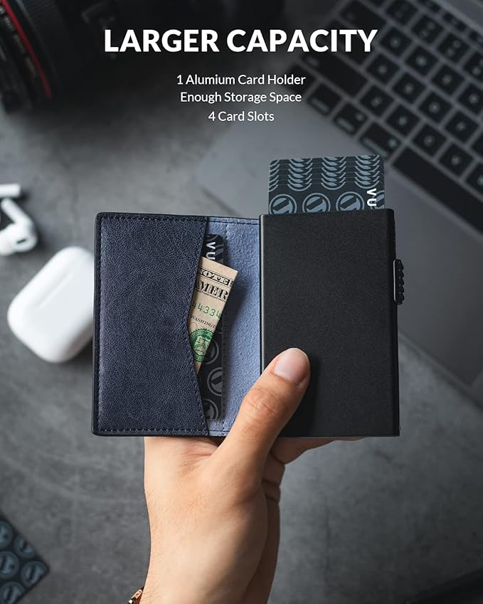 VULKIT Men's Slim Wallets Pop Up Card Holder RFID Blocking Metal Wallet Minimalist Design Holds Up to 11 Cards