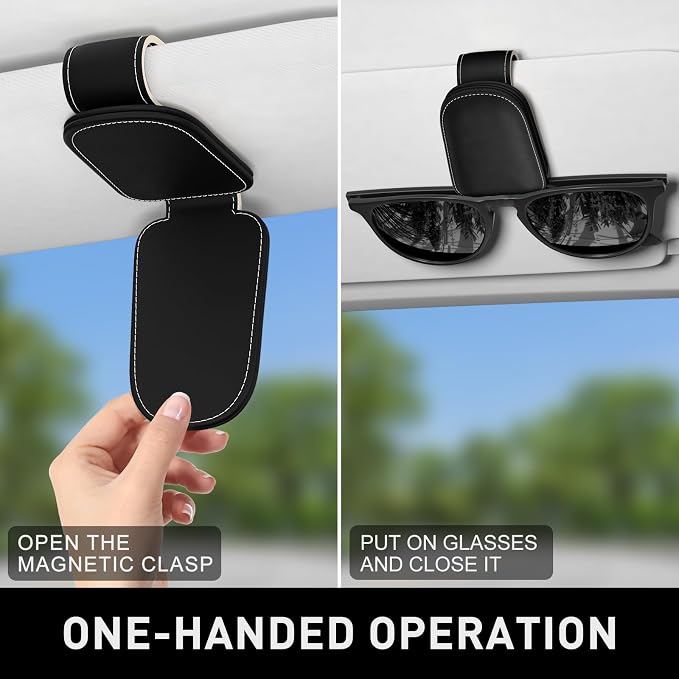 Sunglasses Holder for Car Visor, Magnetic Leather Car Sunglass Holder, Car Sun Visor Glasses Hanger Clip, Car Interior Accessories for Women Men, Fits All Size Eyeglasses