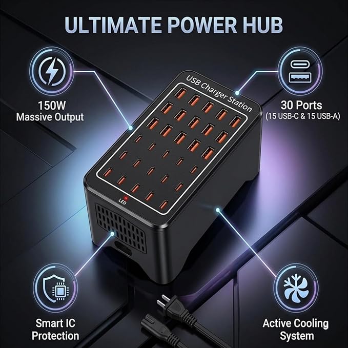 150W USB C Charging Station, 30 Port Fast Multi Device Charger (15 USB-C + 15 USB-A) Desktop Charger Hub, Compatible with iPhone Samsung iPad Google Pixel Tablets & Other USB Electronics